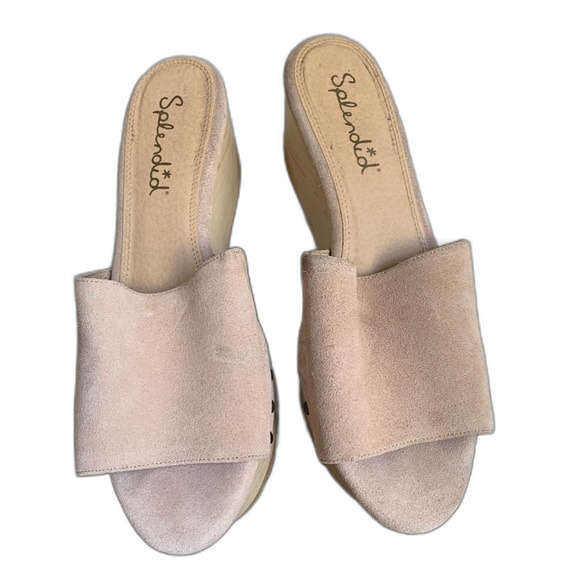 Splendid Tan Nubuck Suede Wedge Platform Mule Sandals Size 8.5M - Picture 3 of 9